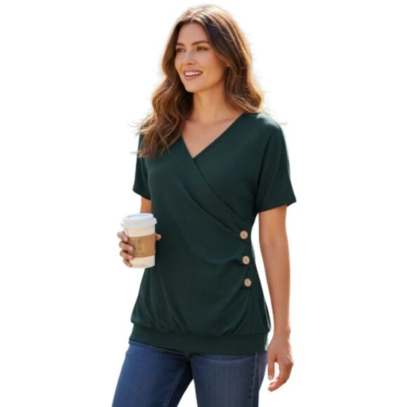 Green Love2Mi Waffle Knit Short Sleeve Faux Wrap Top - NWT - Picture 2 of 10